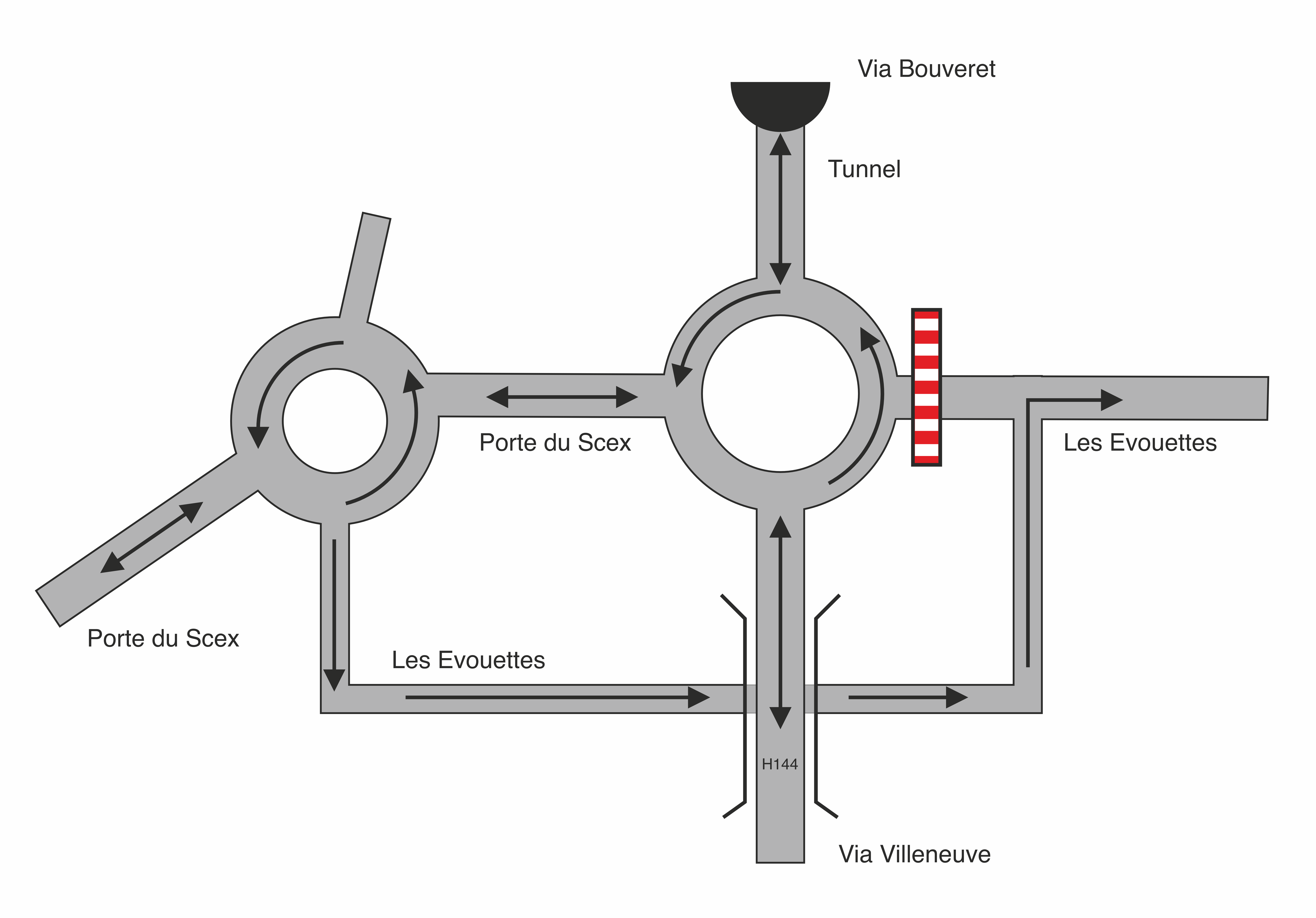 Plan original de la situation actuelle de circulation H144, Porte du Scex et tunnel des Evouettes
